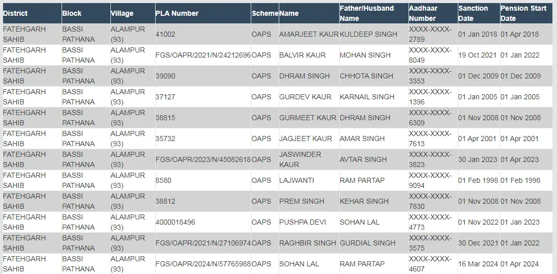 Budhapa Pension List Punjab