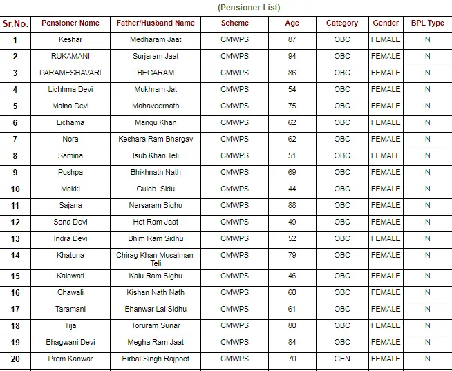 Pension List Rajasthan 2025