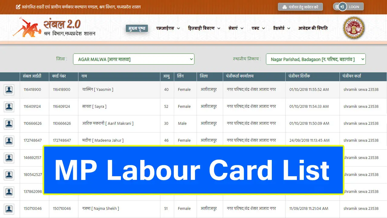 MP Labour Card List 2025 - श्रमिक कार्ड लिस्ट मध्य प्रदेश - श्रमिक कार्ड लिस्ट में अपना नाम कैसे देखें MP